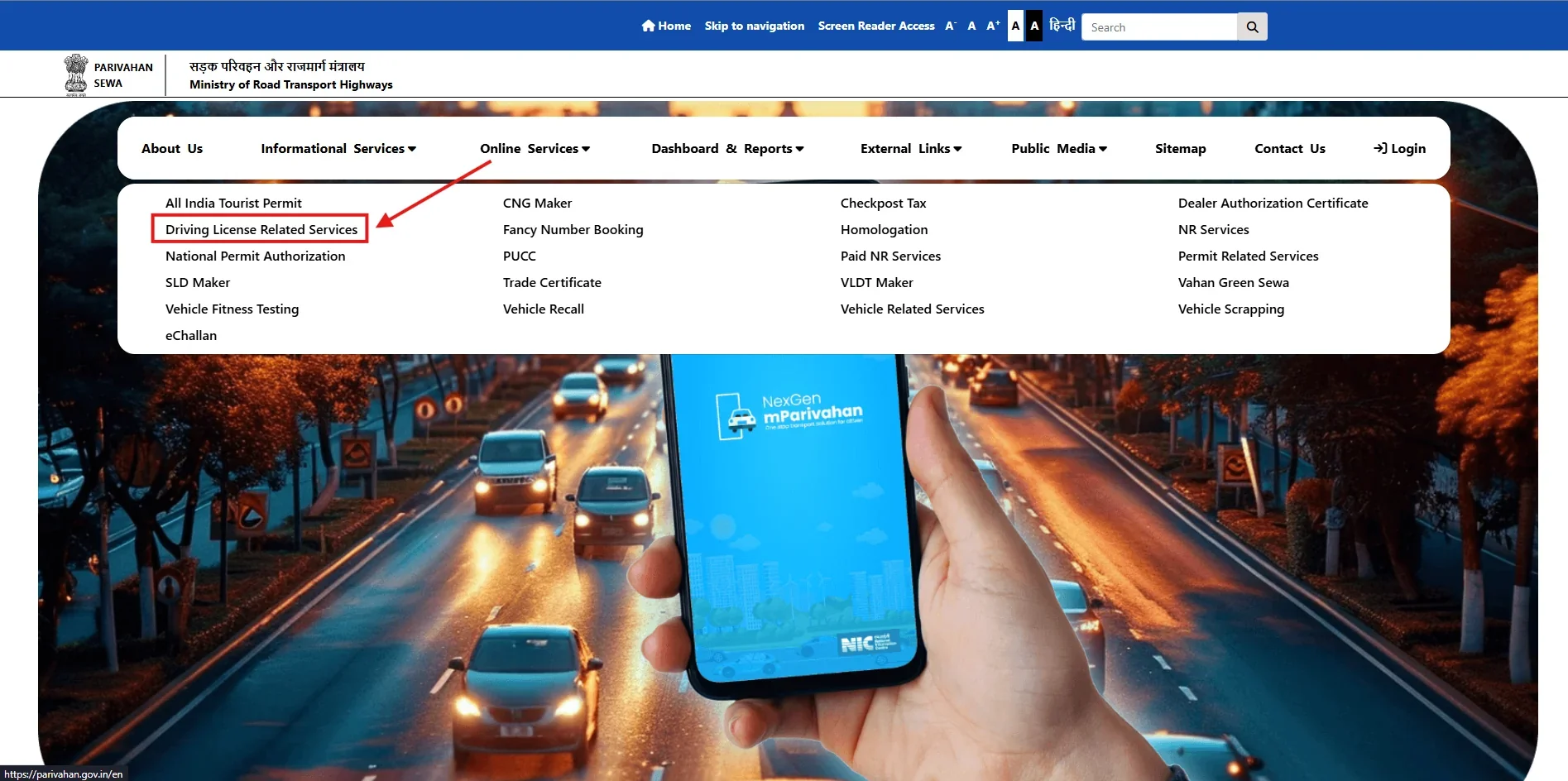 Click on Online Services - Change Address on Driving Licence